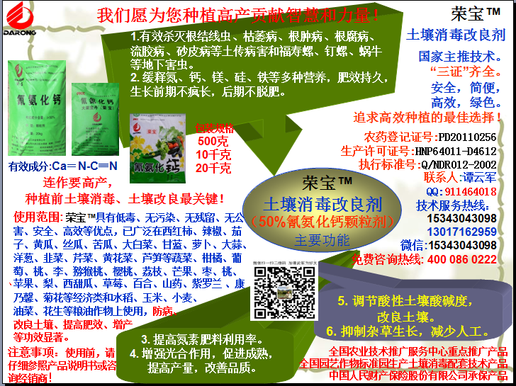 榮寶（氰氨化鈣）顆粒殺菌劑，土壤消毒、緩釋氮鈣營(yíng)養(yǎng)、肥料增效、土壤改良四效合一，殺滅根結(jié)線(xiàn)蟲(chóng)，防治根腫病、根腐病、枯萎病、流膠病、蓮藕腐敗病等土傳病害，殺滅福壽螺、釘螺等地下害蟲(chóng)，解決連作障礙